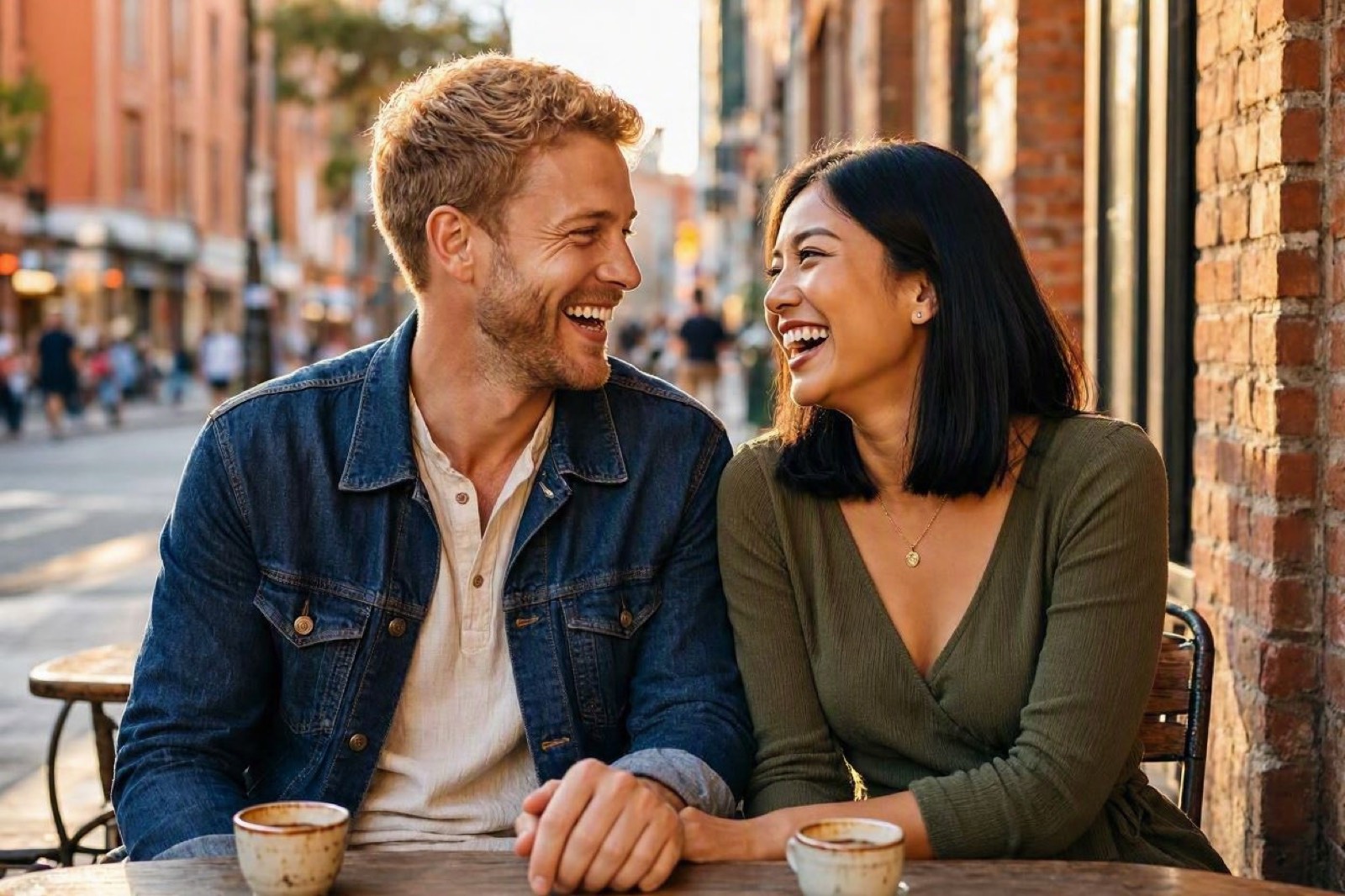 Illustrative photo of a Filipina woman and a Western man laughing together over coffee